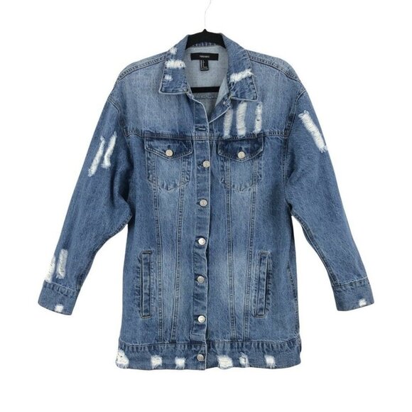 Forever 21 Womens Size Small Oversized Distressed Denim Blue Jean Jacket - Picture 1 of 5
